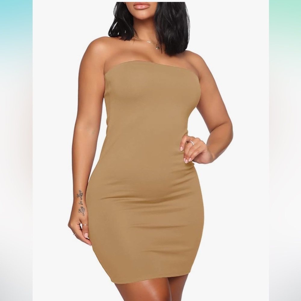 🤎 Khaki Strapless Tube Mini Dress – Sexy Bodycon XL
